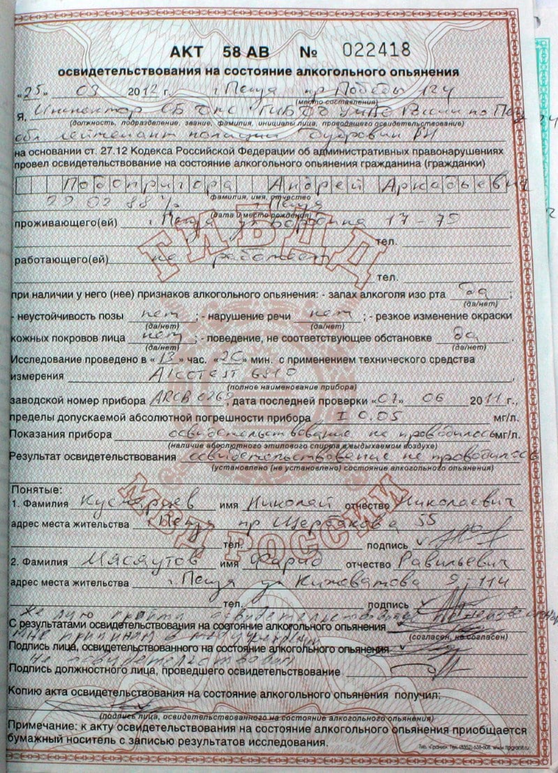 Акт освидетельствования на состояние алкогольного опьянения